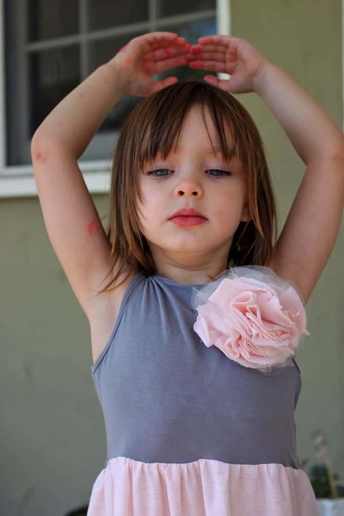 Image of child wearing a dress made by sewing with jersey knit fabrics
