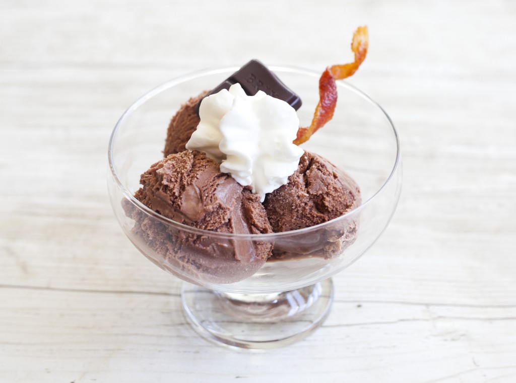 Chocolate sundae with a bacon twist on top.