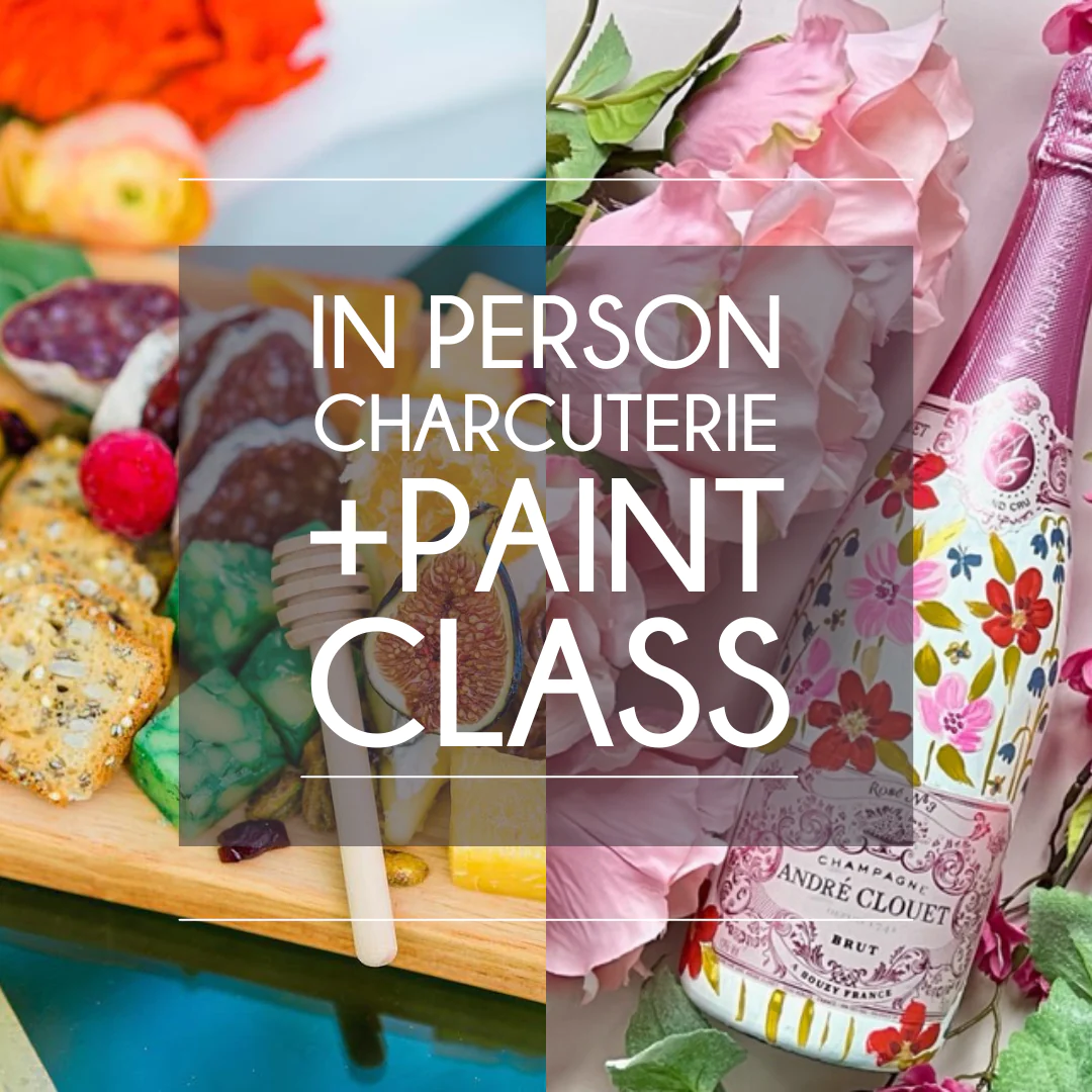 Champagne bottle painting and charcuterie at board and Brie and Jacinda Studio